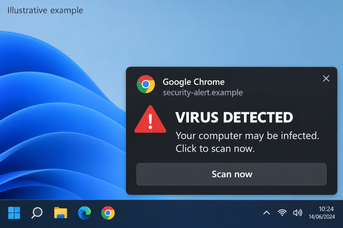 Fake Virus Warning - Google Chrome Notification example