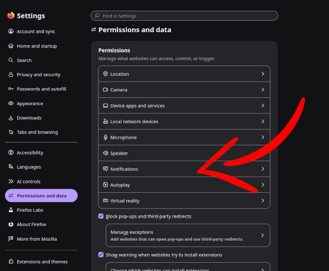 Firefox website notification permissions